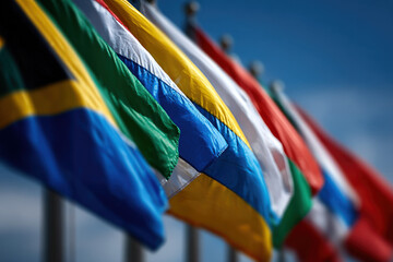 closeup view of flags fluttering in wind against clear sky creating visually striking scene
