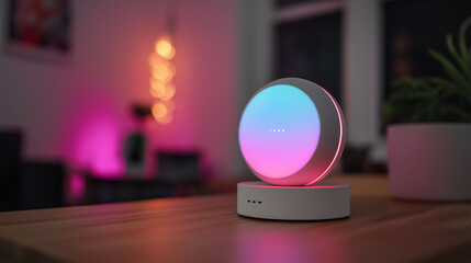 A sleek circular white tech device glows with colorful ambient lights, resting elegantly on a wooden table inside a modern room.