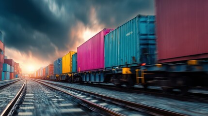 Fototapeta premium Intermodal Train. Freight Train Transporting Railway Cars with Cargo Containers - Railway Logistics Concept