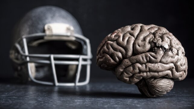 Football Brain. American Football Helmet with Damaged Brain Model - Illustrating CTE Syndrome