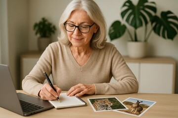 Senior woman writing notes at a home desk beside a laptop and printed wildlife photos, learning and planning hobbies in a cozy interior.