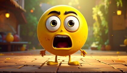 A shocked yellow emoticon in a village setting