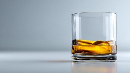 The image presents a sparse composition of an empty glass on a plain white surface, leveraging distinct reflections to emphasize its form