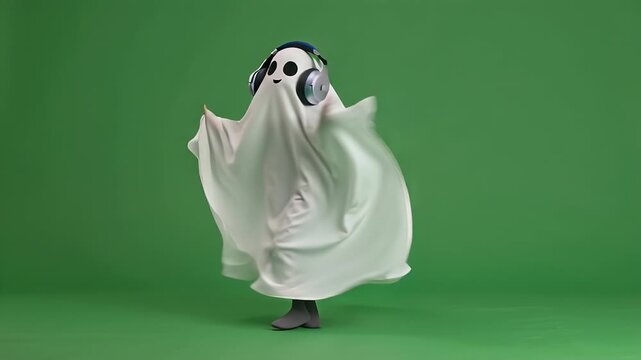 A playful ghost in a sheet costume, wearing headphones, dances on a green screen