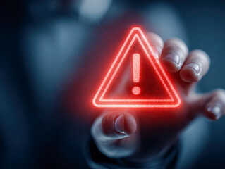 A glowing red warning symbol with an exclamation mark is projected between fingers in a dark setting representing caution and alertness in digital communication or securi