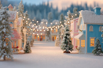 charming american city street adorned with festive holiday banners and twinkling garlands