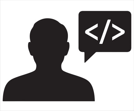 Silhouette of software developer with coding speech bubble isolated