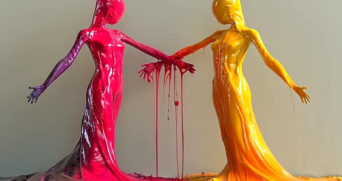 Two abstract humanlike figures, one red and one yellow, dripping with liquid paint, holding hands in a surreal artistic display 4k video