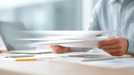 modern office setting featuring manager hands holding important documents with blurred white text bars overlay