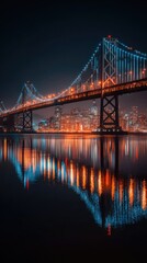 Fototapeta premium A captivating view of a magnificent illuminated bridge spanning a city at night, with striking reflections on the calm water.