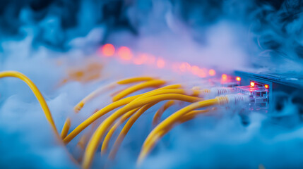 Yellow network cables plugged into a data server surrounded by cool mist and glowing red indicator lights creating a futuristic tech atmosphere