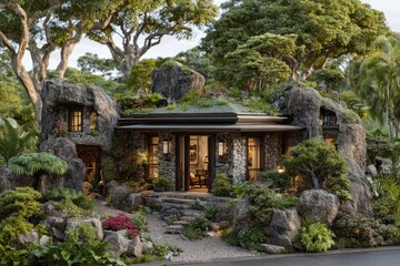 Fototapeta premium A uniquely designed stone house nestled among lush greenery and natural rock formations, creating a tranquil and harmonious living space blending seamlessly into the environment.