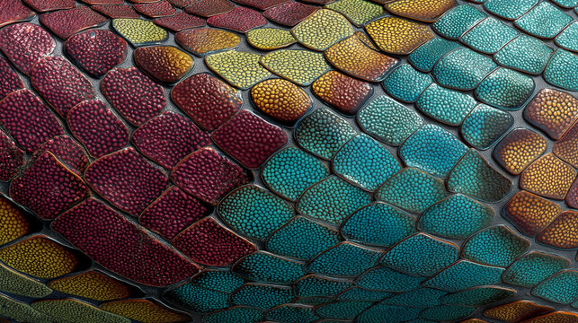 Colorful snake skin texture showcasing vibrant scales, intricate patterns, and natural gradients, highlighting exotic beauty, reptile design, and organic detail.