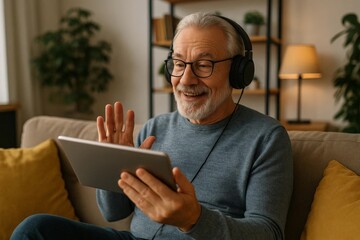 Happy senior man wearing headphones smiling and waving during video call on tablet at home.