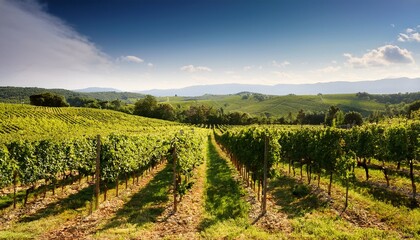 Obraz premium Vast Vineyard Landscape With Rows Of Green Grapevines In Sunlight