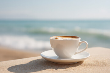 steaming cup of coffee sits gracefully on table against backdrop of sunny beach golden sand glistening under warm