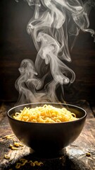 Hot steaming noodles in a dark bowl