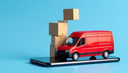 E-commerce delivery concept with a red van, stacked cardboard boxes, and an oversized smartphone on a solid blue background, symbolizing mobile logistics integration.