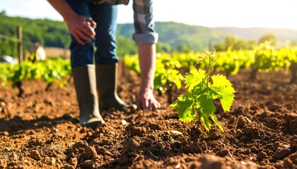 Farmer tending young grapevines in a vineyard