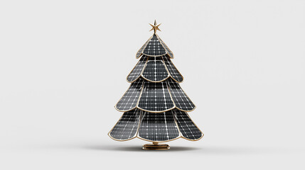 Creative Christmas tree made of solar panels on a gray background, symbolizing green energy and sustainable festive innovation