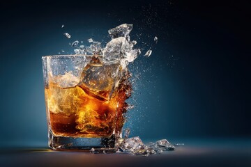 Broken Whiskey Glass. Scotch Drink with Dramatic Black Splash and Frozen Motion