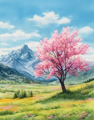 Spring watercolor texture landscape painting