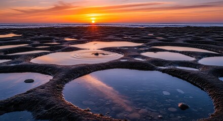 Dramatic Sunset Reflects in Natural Rock Pools During Low Tide on a Rocky Shoreline