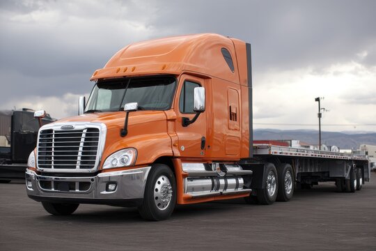 Semi Truck Flatbed Freightliner Cascadia. American Auto Carrier with Chrome Accents