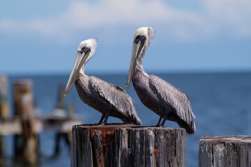Pelican On Dock. Two Brown Pelicans Sitting on Wooden Pier Poles by the Sea