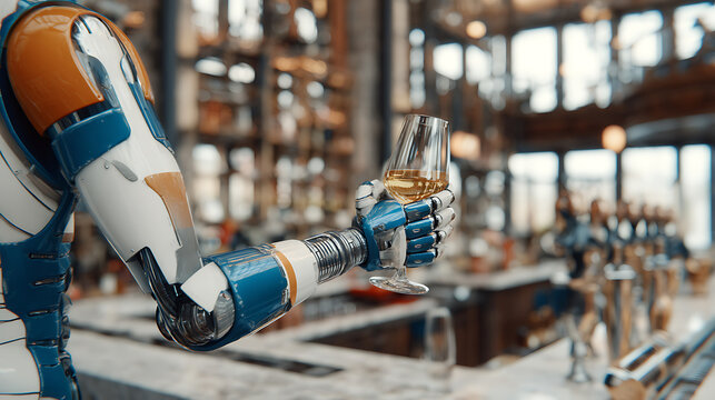 Robot arm holding a glass of wine in a modern bar setting