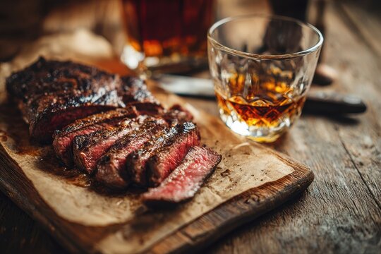 Steak And Whiskey. Rustic Wooden Table Setting with Grilled Sirloin Beef Steak and Whiskey