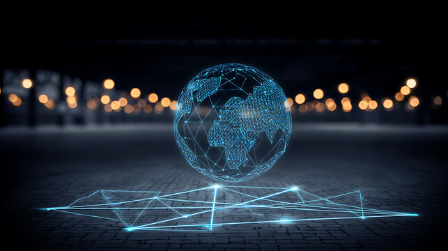 Digital globe with interconnected network lines floating above a grid on a dark urban background with bokeh lights
