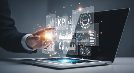 Business man interacting with kpi data analytics dashboard