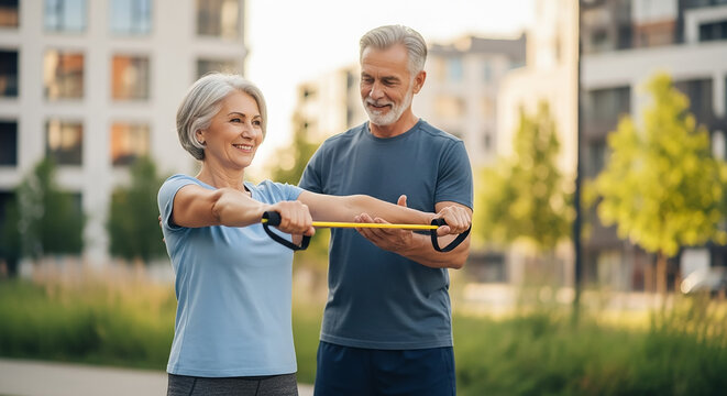 Senior couple exercising outdoors using resistance band