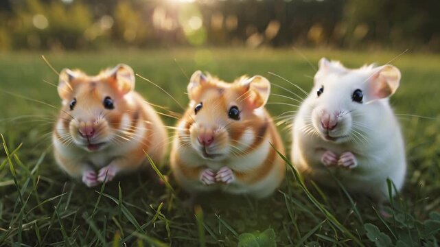 Cute playful fluffy hamsters on the grass on a summer day