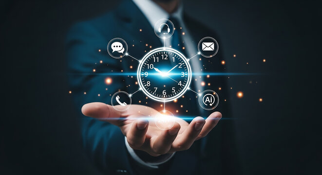 Business holding clock with communication technology icons