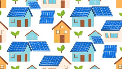 Houses with solar panels, seamless pattern