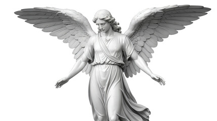 Sculpted Angelic Figure with Expansive Wings in Serene Pose Against Transparent Backdrop