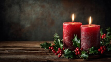 On a cozy mantelpiece, holly leaves and ornaments surround red Christmas candles burning with a soft gentle flame