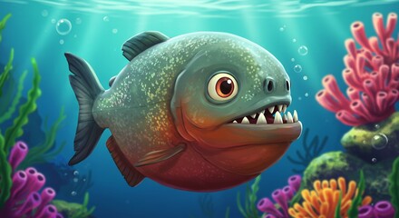 Naklejka premium Cartoon piranha underwater