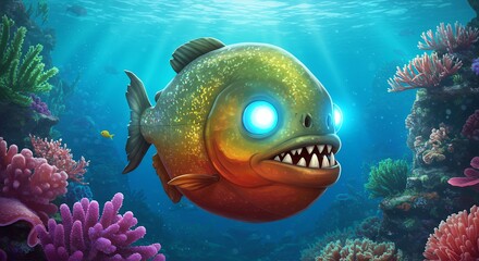 Obraz premium Cartoon piranha underwater scene