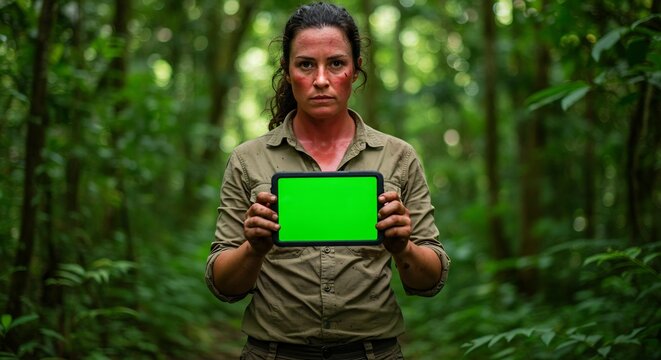 Determined Woman Explorer Holds Green Screen Tablet Device in a Deep Tropical Jungle