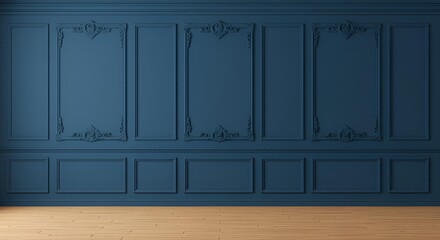 "Seamless 3D vector background of elegant room with blue paneled wall, natural wooden flooring, soft lighting, and traditional wall molding &ndash; suitable for UI or interior mockups"