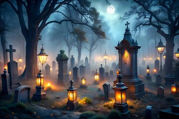 Fototapeta premium Eerie Graveyard Scene with Fog and Lanterns Under a Full Moon