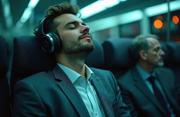 Man in suit wears headphones, eyes closed, resting on public transport. Urban professional enjoys peaceful commute, serene journey. Night travel, blue teal lighting creates calm atmosphere.