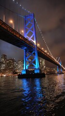 Fototapeta premium A captivating nighttime view of a magnificent illuminated bridge spanning a city harbor, showcasing vibrant blue lights reflecting on the dark water.