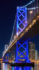 Obraz premium A majestic, illuminated suspension bridge spans a harbor, bathed in vibrant blue light at night, showcasing intricate structural details and the city skyline.