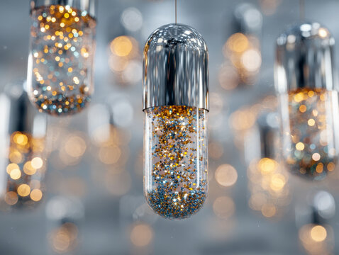 Close-up of futuristic transparent capsules filled with sparkling gold and silver particles suspended in a blurred background with glowing bokeh lights