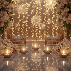Luxury Diwali Decoration with Glowing Diyas and White Flowers Background