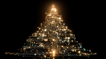 A digital Christmas tree composed of glowing lights and circuits, symbolizing technology blending with festive holiday spirit in a modern way on black background 